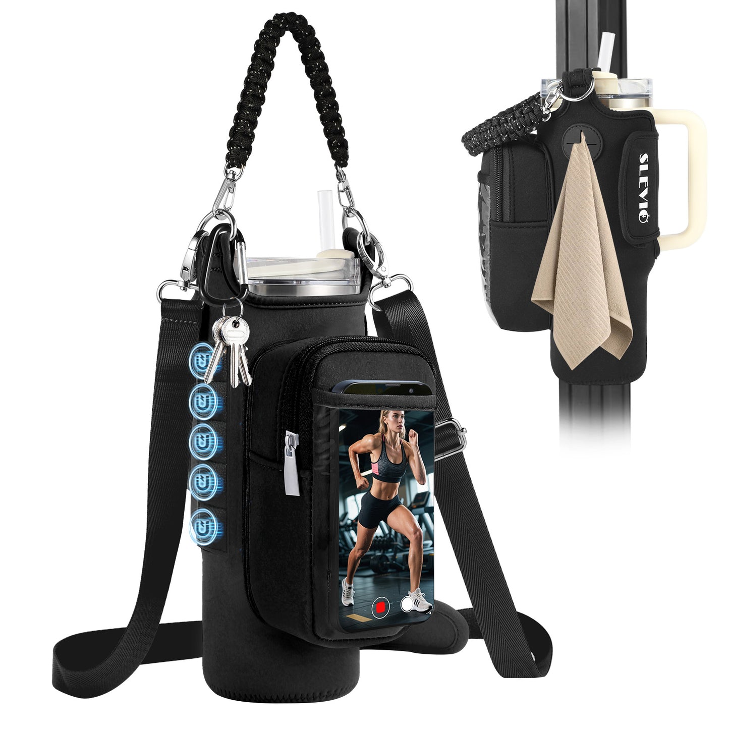 Magnetic Gym Bag for Men Women, Water Bottle Carrier Holder with Strap for Stanley, Small Bag Accessories pouch with N52