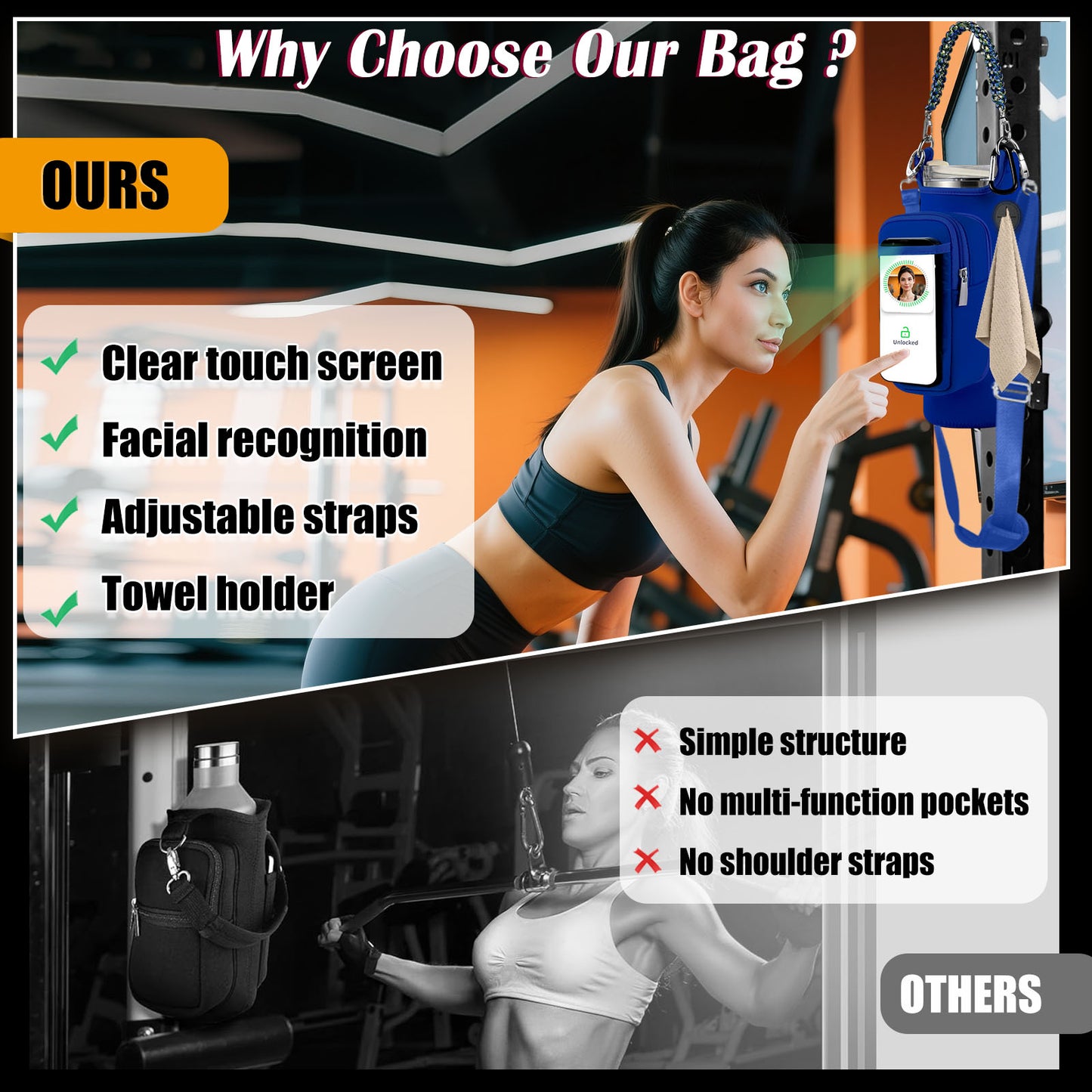 Magnetic Gym Bag for Men Women, Water Bottle Carrier Holder with Strap for Stanley, Small Bag Accessories pouch with N52