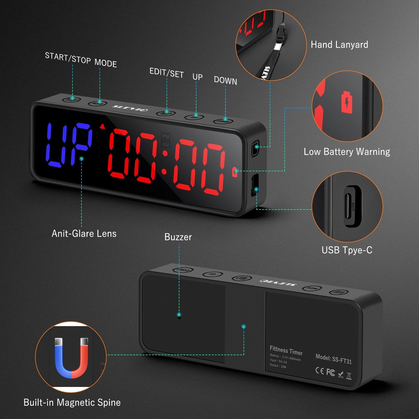 SLEVIO Portable Gym Workout Timer, Fitness Clock Built-in Magnetic