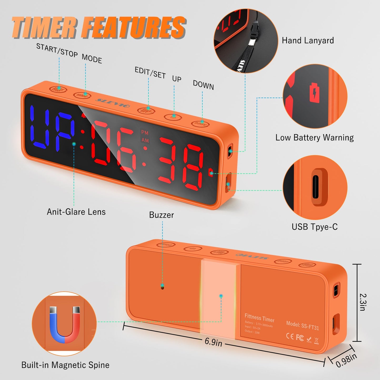 SLEVIO Portable Gym Timer, Fitness Timer Clock with Built-in Powerful Magnet(Orange)