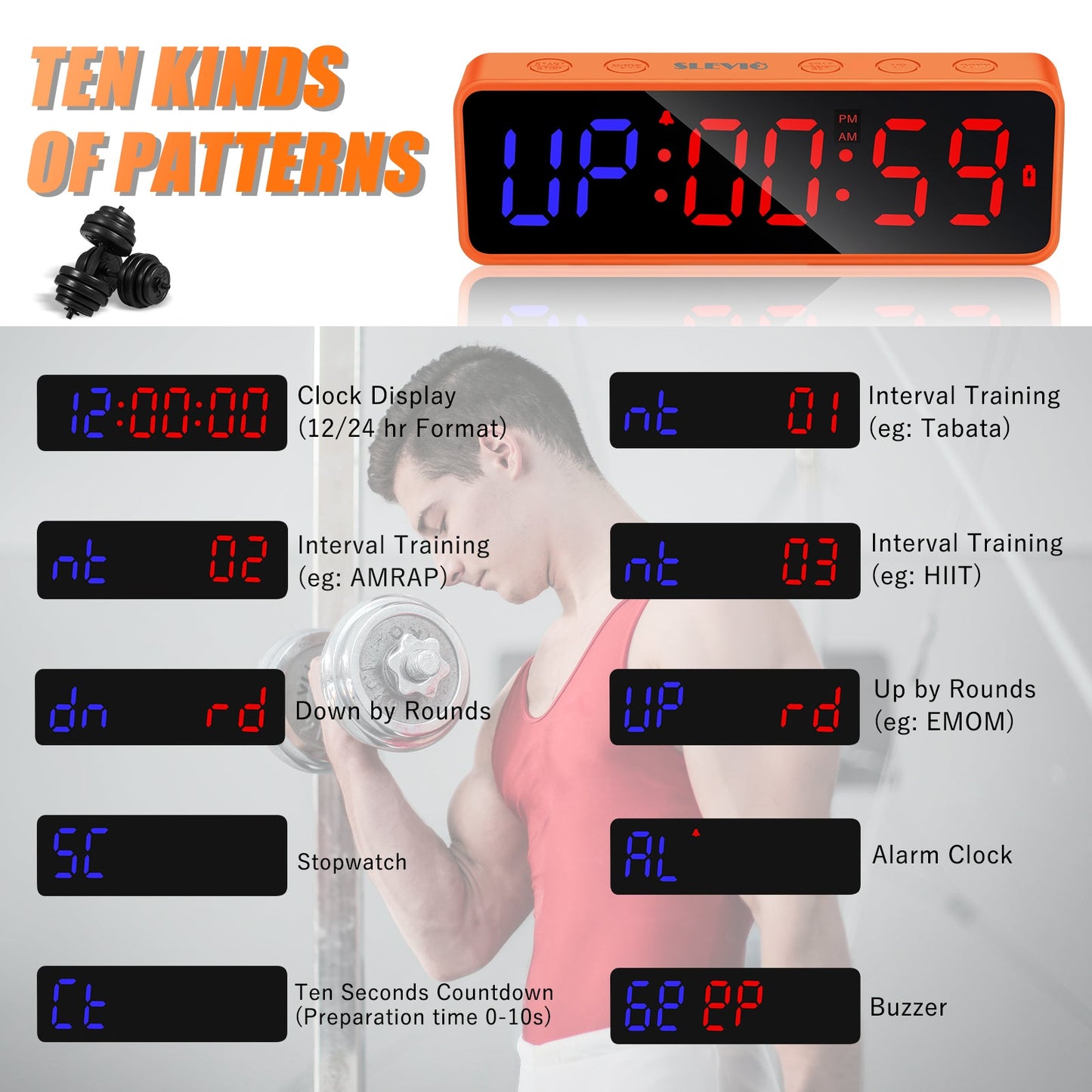 SLEVIO Portable Gym Timer, Fitness Timer Clock with Built-in Powerful Magnet(Orange)