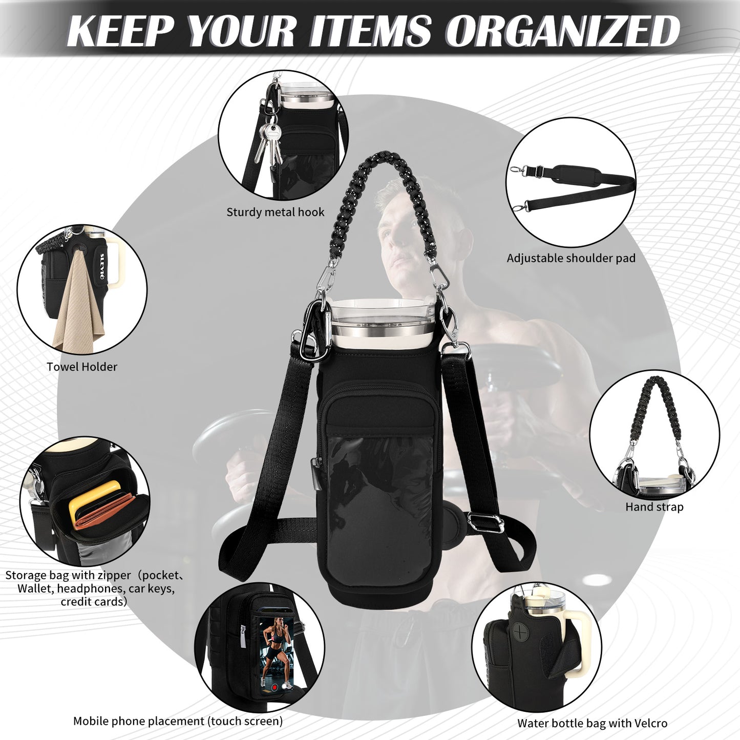 Magnetic Gym Bag for Men Women, Water Bottle Carrier Holder with Strap for Stanley, Small Bag Accessories pouch with N52