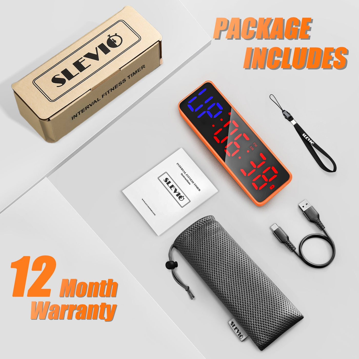 SLEVIO Portable Gym Timer, Fitness Timer Clock with Built-in Powerful Magnet(Orange)