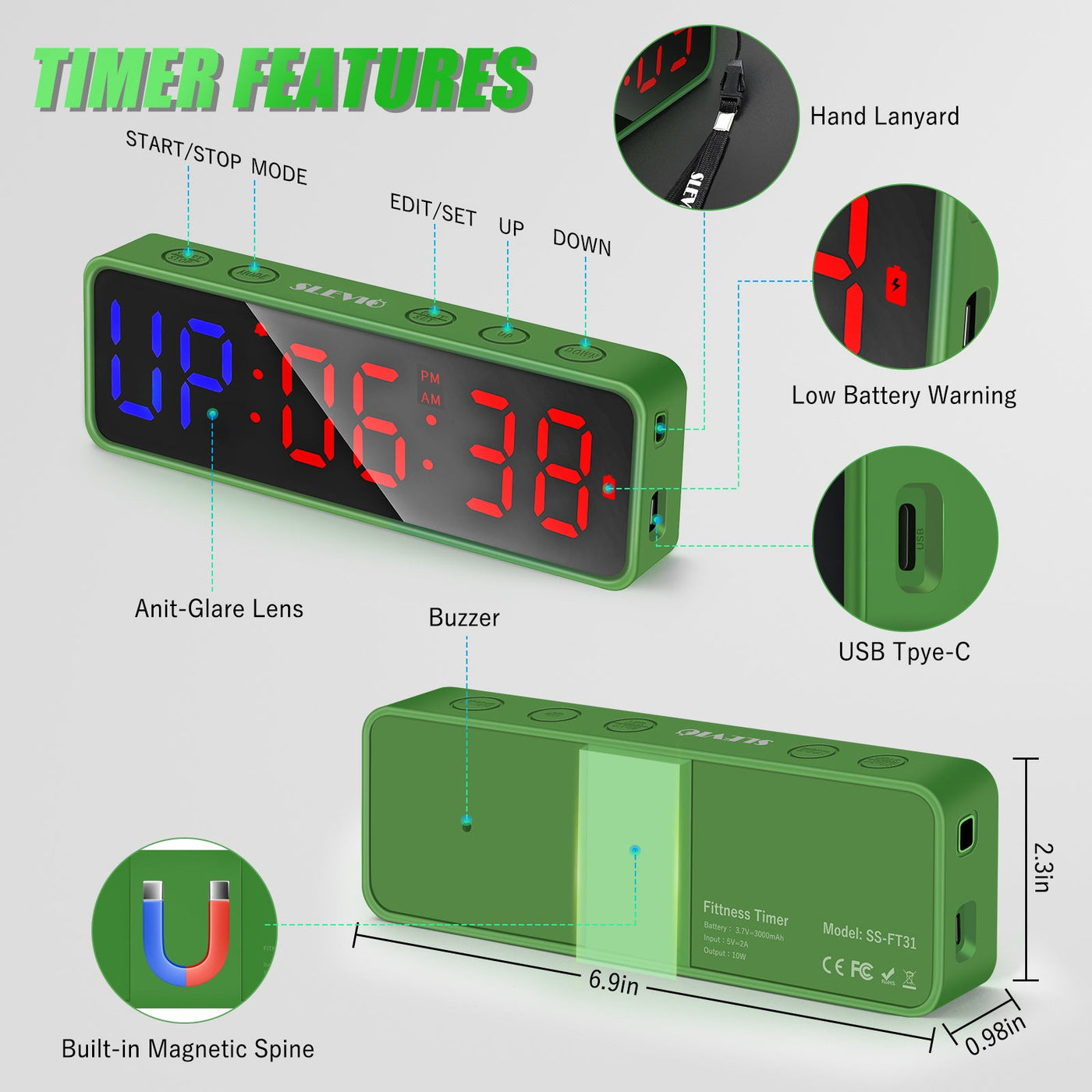SLEVIO Gym Timer, Interval Countdown Clock with Built-in Powerful Magnet(Green)